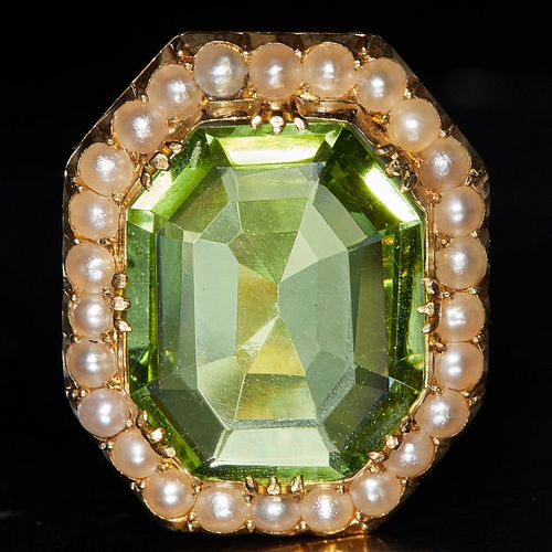 ANTIQUE GREEN STONE AND SEED PEARL BROOCH