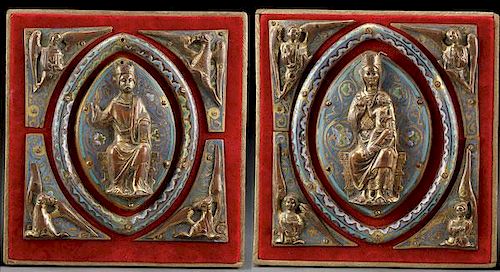 A PAIR OF LIMOGES GILT COPPER AND ENAMEL PLAQUES