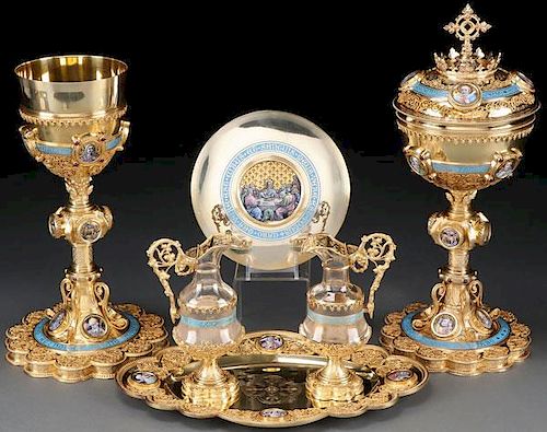 A SILVER GILT AND ENAMELED GOTHIC STYLE CHALICE