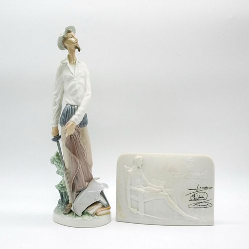2pc Lladro Porcelain Figurine, Don Quixote + Member Plaque