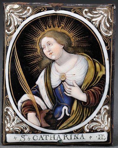A FINE ENAMELED PLAQUE OF ST. CATHERINE, LIMOGES