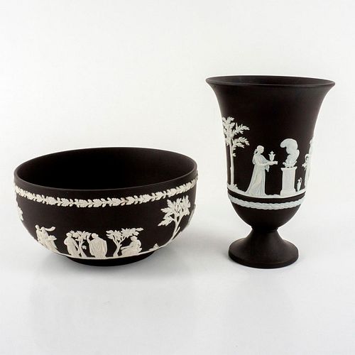 2pc Antique Wedgwood Black Basalt Vase + Bowl
