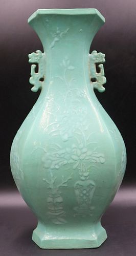 Chinese Hexagonal Green Vase with Incised