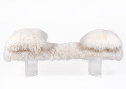 Lucite and White Faux Fur Bench & 2 Pillows