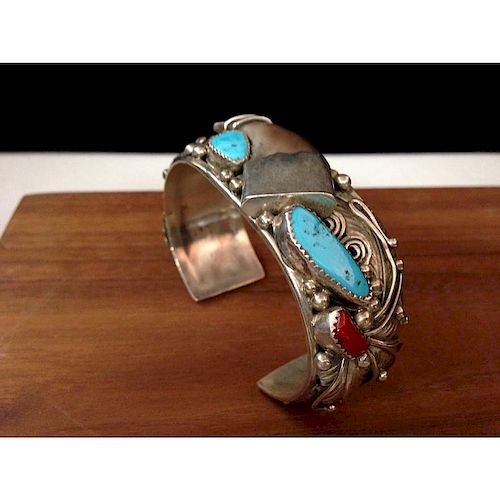 Navajo Sterling Cuff with Claw, Turquoise, and Coral, From the Estate of Lorraine Abell (New Jersey, 1929-2015)