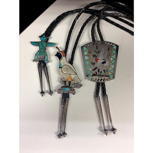 Zuni Silver Bolo Ties with Inlay