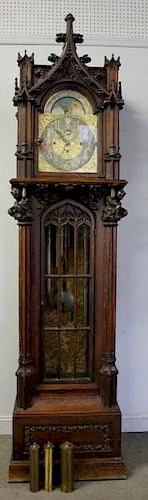 Outstanding Gothic Revival Oak Hall Clock.