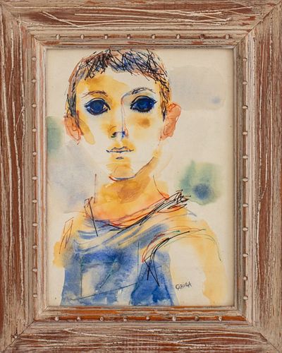 Illegibly Signed Portrait of Young Man Mixed Media
