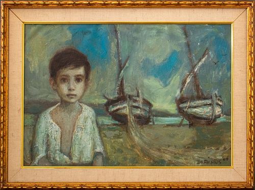 Doremus Child and Boats Oil on Canvas