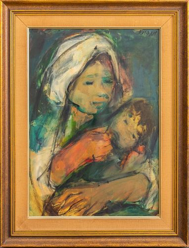 Illegibly Signed Mother and Child Oil on Board
