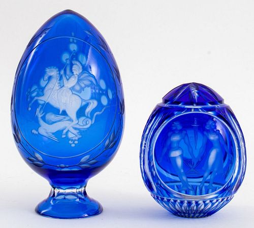 Russian Engraved Cobalt Glass Easter Eggs, 2