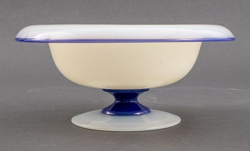 Steuben Attr. Opal & Blue Art Glass Footed Bowl