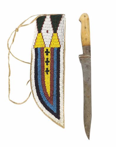 19th Century Sioux Beaded Sheath & Trade Knife