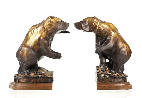 Original Signed Bronze Grizzly Bookends Harrington
