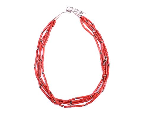 Navajo Red Branch Coral Bead Sterling Necklace