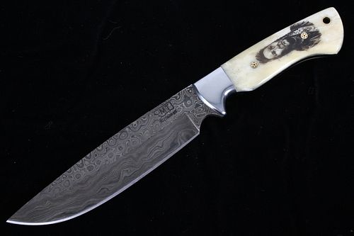 Montana Blackfeet Scrimshaw Damascus Knife Bozeman