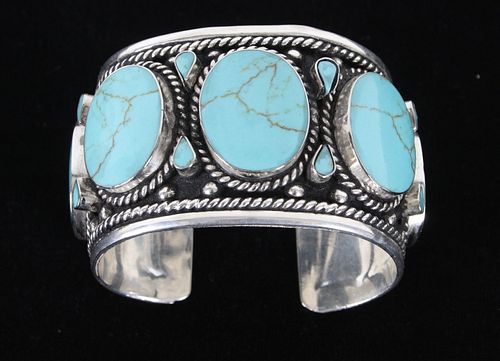 925 Sterling and Blue Gem Turquoise Cuff Bracelet