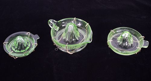 Collection of Three Vintage Green Glass Juicers