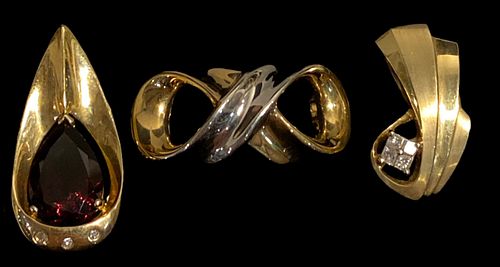 14K Gold Diamond & Red Gemstone Necklace Pendants, 3
