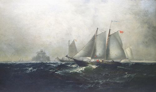 Maritime painting of lighthouse and ships in storm
