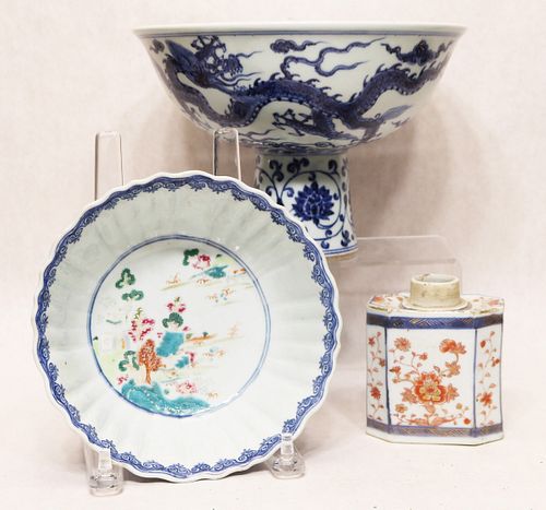 Chinese porcelain tea caddy, bowl, and stem bowl