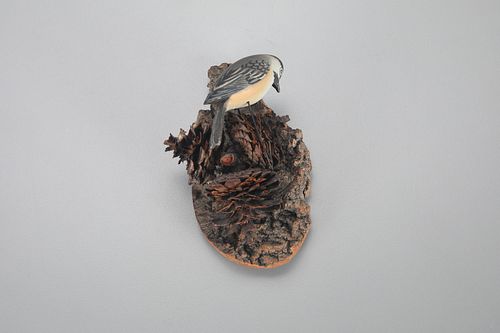 Exquisite Miniature Chickadee on Pine Base by A. Elmer Crowell (1862-1952)