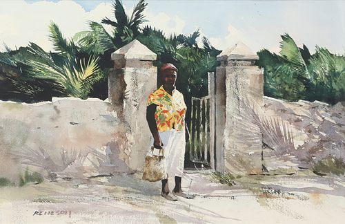 Chet Reneson (b. 1934), Bahamian Woman by Stone Wall