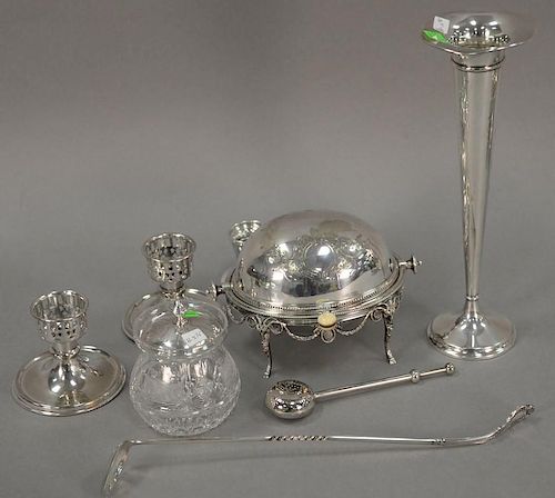Three piece group of silver and silverplated items to include sterling trumpet vase (ht. 12in.), Hawk's sugar with sterling t