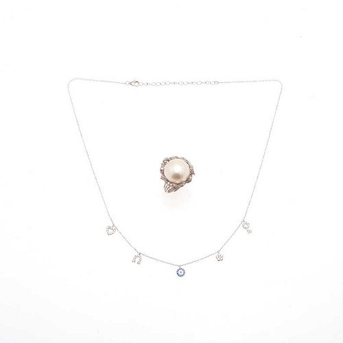 Collar en plata .925 y anillo vintage con media perla cultivada 17 mm y 22 diamanten corte 8 x8 en plata y plata paladio. Talla: 6...