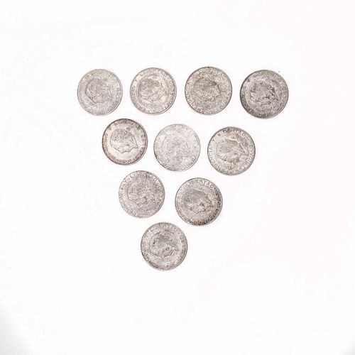 Diez monedas Hidalgos en plata ley .720. Peso: 180.4 g.
