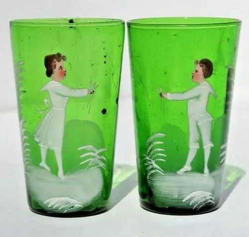 PAIR OF MARY GREGORY ENAMELED GREEN GLASS MATCHING TUMBLERS