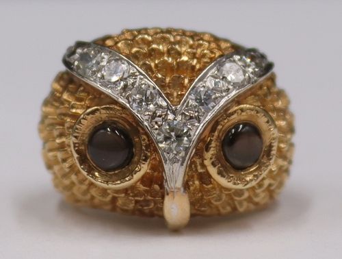 JEWELRY. 14kt Gold, Diamond and Gem Owl Ring.