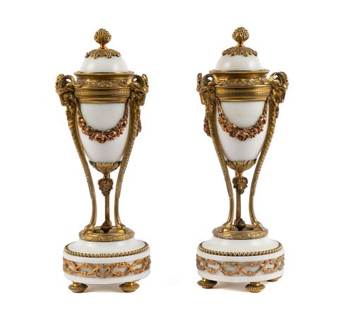PAIR OF LOUIS XVI STYLE MARBLE AND GILT BRONZE CASSOLETTES
