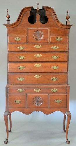 Queen Anne highboy with full bonnet top, restored base made up to fit upper section. top is 18th century. ht. 82in., wd. 38in