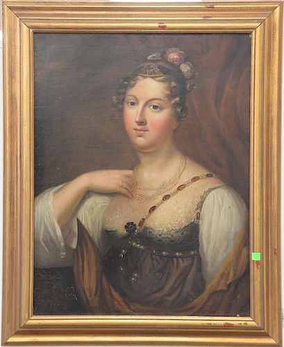 Oil on canvas portrait of a woman wearing pearls and jewels, painted initials and crest lower left, 26" x 20".