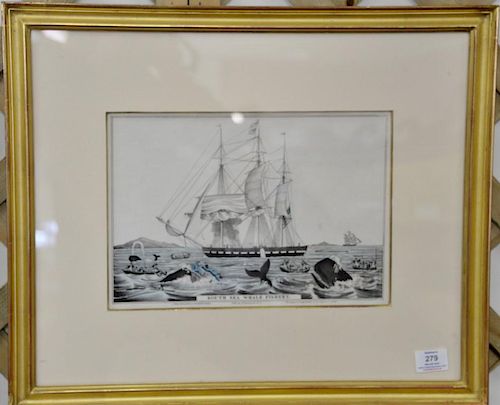 Pair of Nathaniel Currier hand colored lithographs including South Sea Whale Fishery and North Sea Whale Fishery, framed and