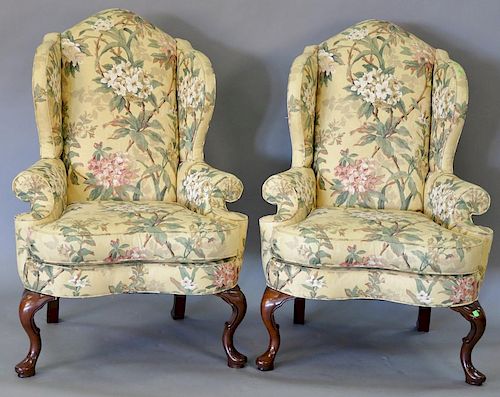 Pair of Queen Anne style upholstered wing chairs with custom upholstery (slight imperfection on left wing). ht. 49in.