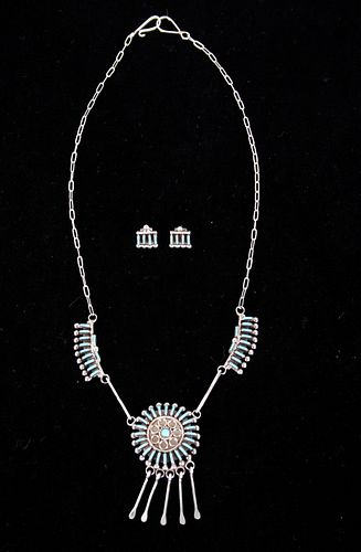Zuni Sterling & Turquoise Necklace & Earrings