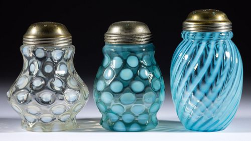 ASSORTED OPALESCENT GLASS SUGAR SHAKERS, LOT OF THREE,