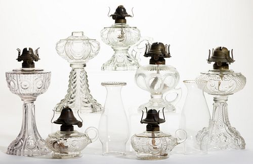 ASSORTED PATTERN KEROSENE LAMPS, LOT OF SEVEN