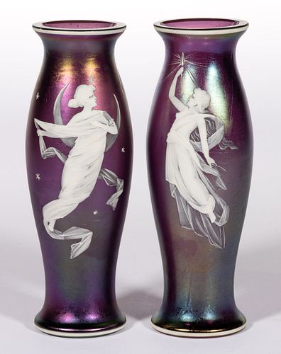 MARY GREGORY (SO-CALLED) IRIDESCENT ART GLASS PAIR OF VASES,