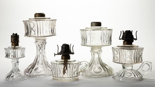 FAMOUS GLASS KEROSENE LAMPS, LOT OF FIVE,