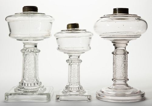 ASSORTED GLASS KEROSENE STAND LAMPS, LOT OF THREE,