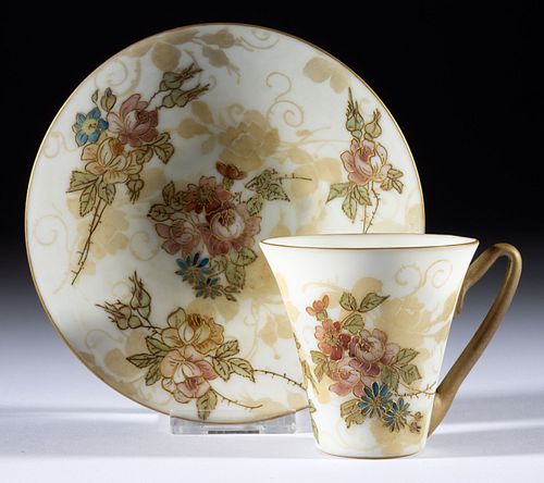 MT. WASHINGTON ENAMEL-DECORATED DEMITASSE CUP AND SAUCER, 