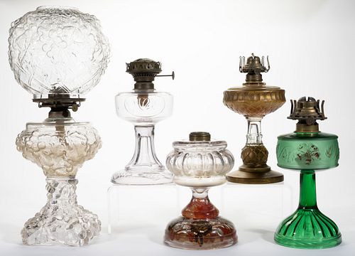 ASSORTED GLASS KEROSNE LAMPS, LOT OF FIVE,