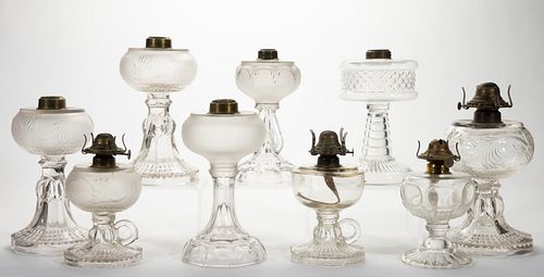 ASSORTED FINDLAY GLASS KEROSENE LAMPS, LOT OF NINE,
