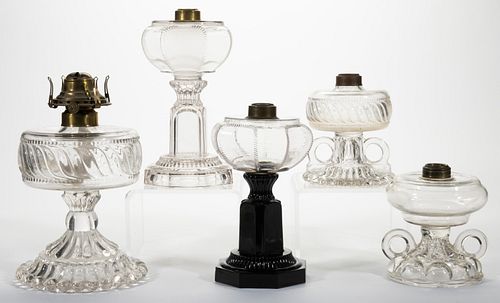ASSORTED FINDLAY GLASS KEROSENE LAMPS, LOT OF FIVE,