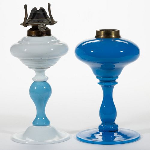 ASSORTED BLOWN AND OPAQUE GLASS KEROSENE STAND LAMPS, LOT OF TWO,