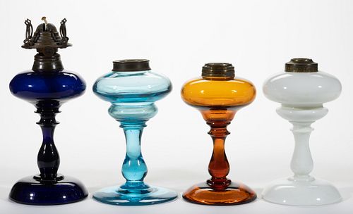 ASSORTED BLOWN GLASS KEROSENE STAND LAMPS, LOT OF FOUR,