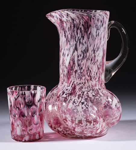 VICTORIAN SWIRLED LOBED AND SPATTER-DECORATED PITCHER AND TUMBLER,